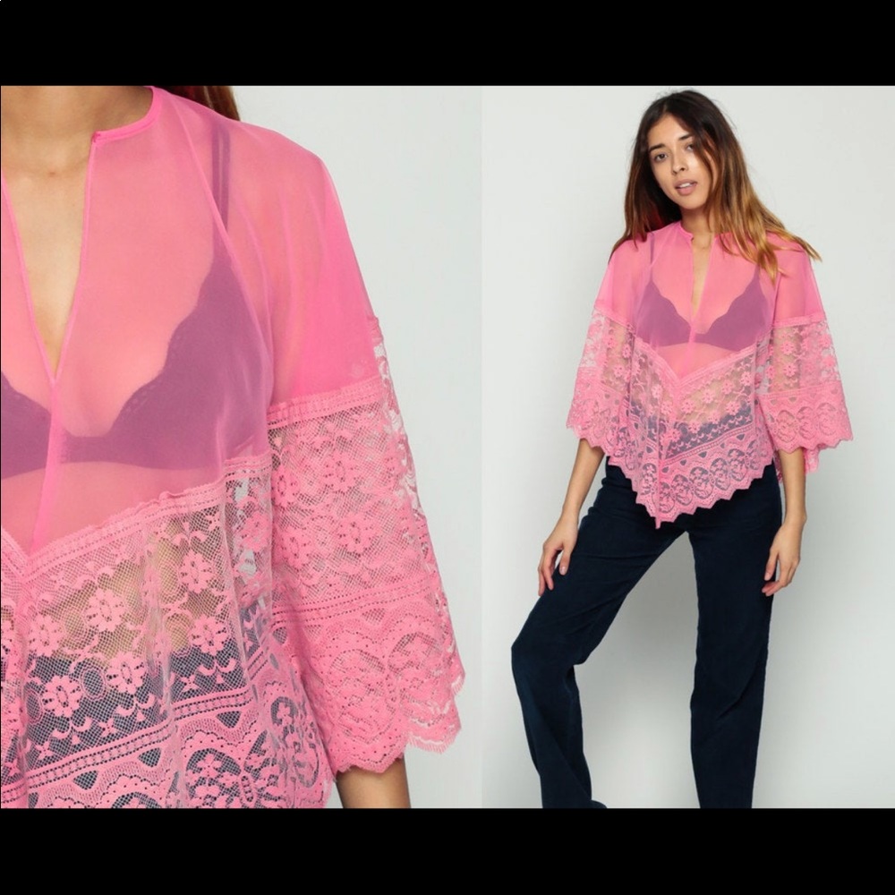 Lace Shawl Hippie Poncho 70s SHEER Cape Pink Chiffon Vintage Small Medium